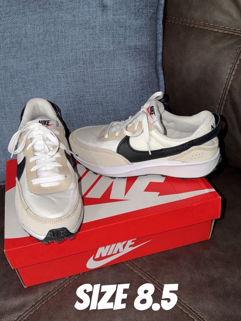 Nike White Beige Athletic Sneakers with Black Swoosh